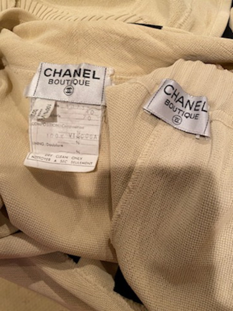 80’s/90’s Rare! Vintage Chanel stretchy pants w matching cardigan Striped Ecru and Black FR 40