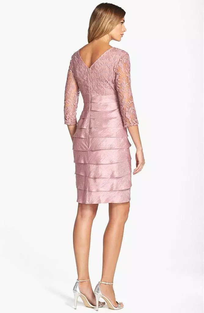 Adrianna Papell 12245620 V-Neck Lace Bodice Tiered Sheath Mini Dress - 1 Pc. Ash Rose in Size 6 Available