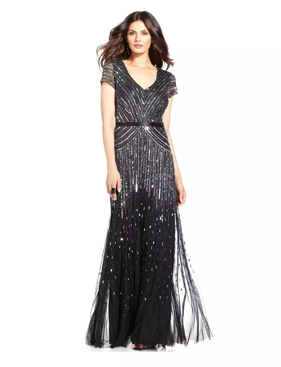 Adrianna Papell - V-Neckline Sequined Mesh Long Dress 62868950