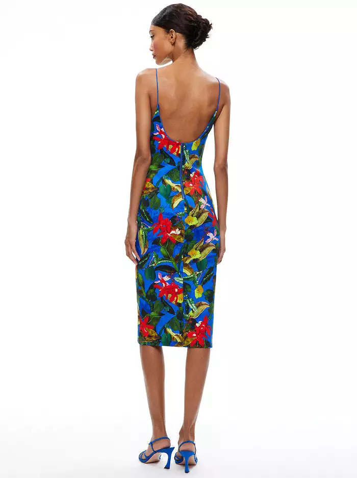 Alice + Olivia - Delora spaghetti Strap Fitted Midi Dress - Tropical Sunrise Sapphire