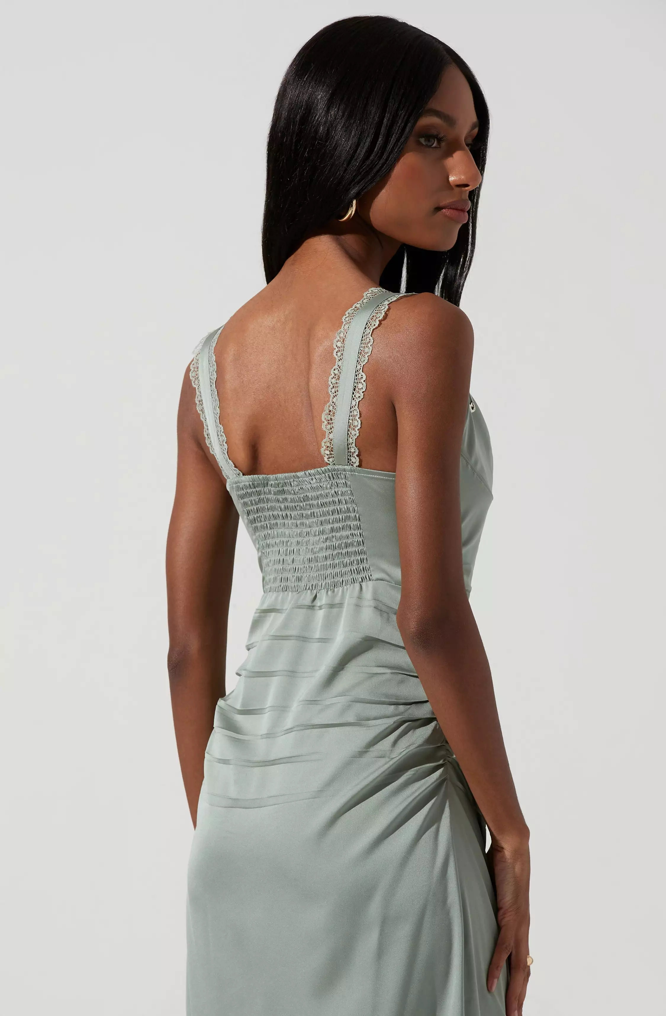 Alva Ruched Lace Trim Midi Dress