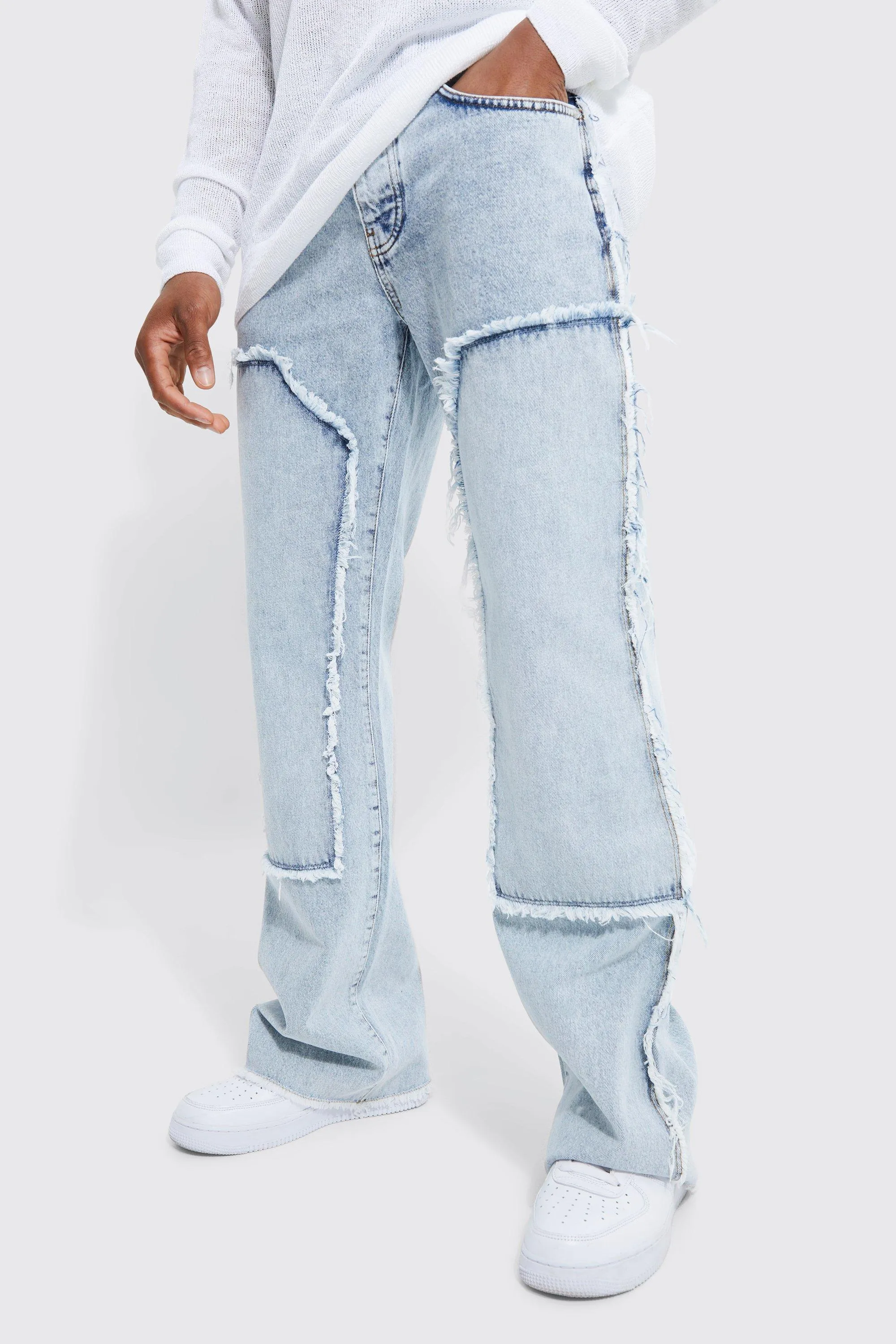 Baggy Rigid Flare Jeans With Frayed Worker Panel | boohooMAN UK