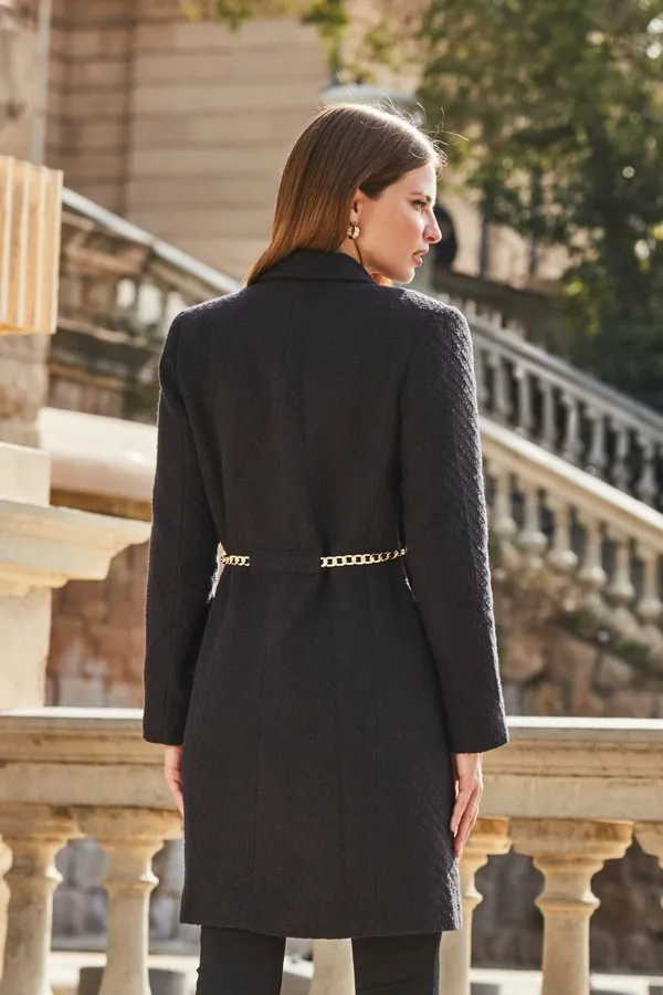 Black Boucle Coat With Gold Belt Detail