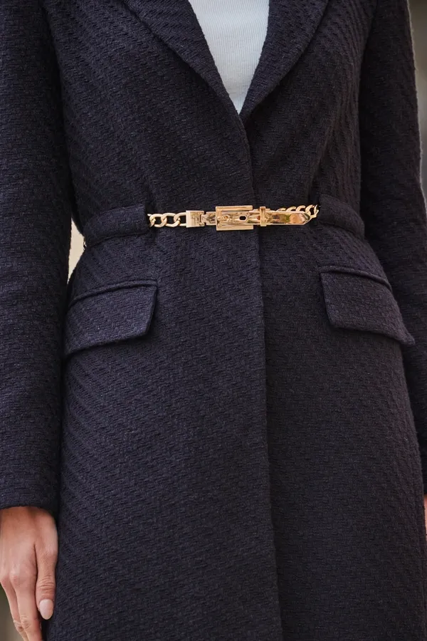 Black Boucle Coat With Gold Belt Detail