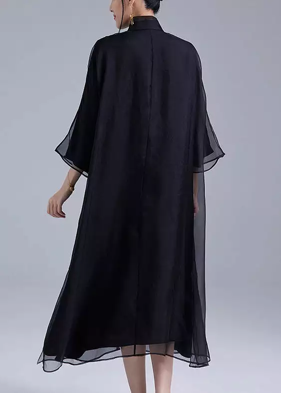 Black Button Pockets Silk Dress Stand Collar Long Sleeve QA1012