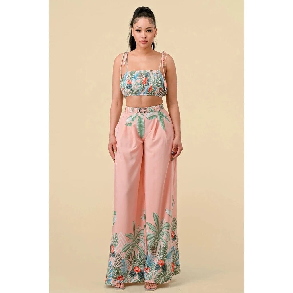 Boader Pleated Floral Pant Set - Pink