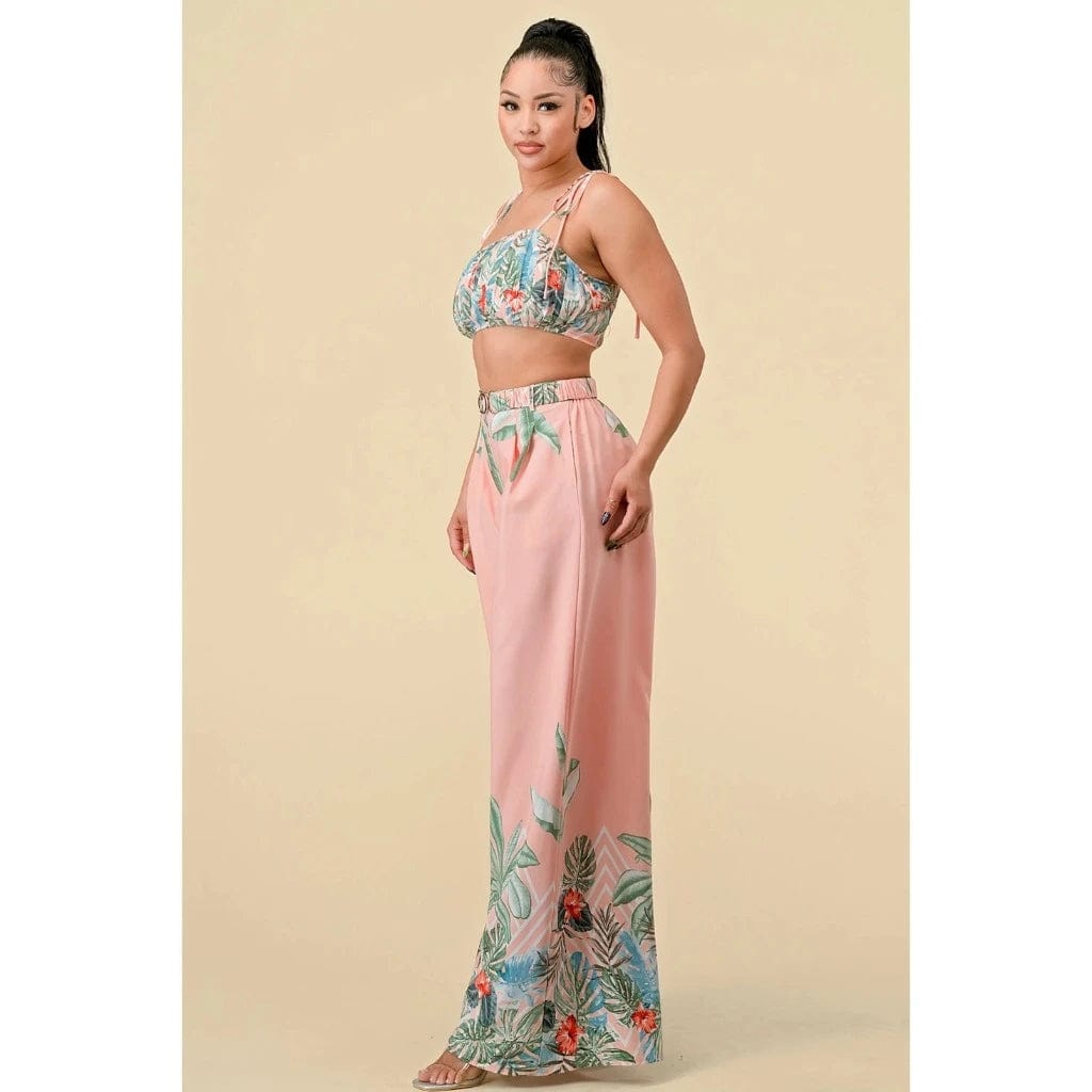 Boader Pleated Floral Pant Set - Pink