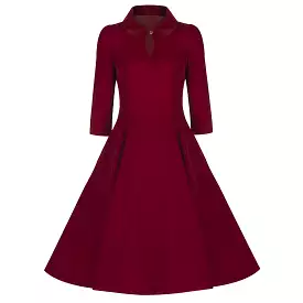 Burgundy Red Vintage Velvet 3/4 Sleeve Dress