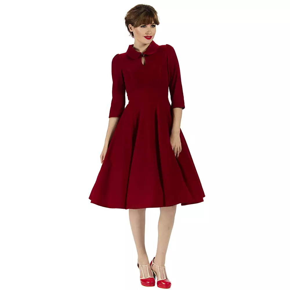 Burgundy Red Vintage Velvet 3/4 Sleeve Dress