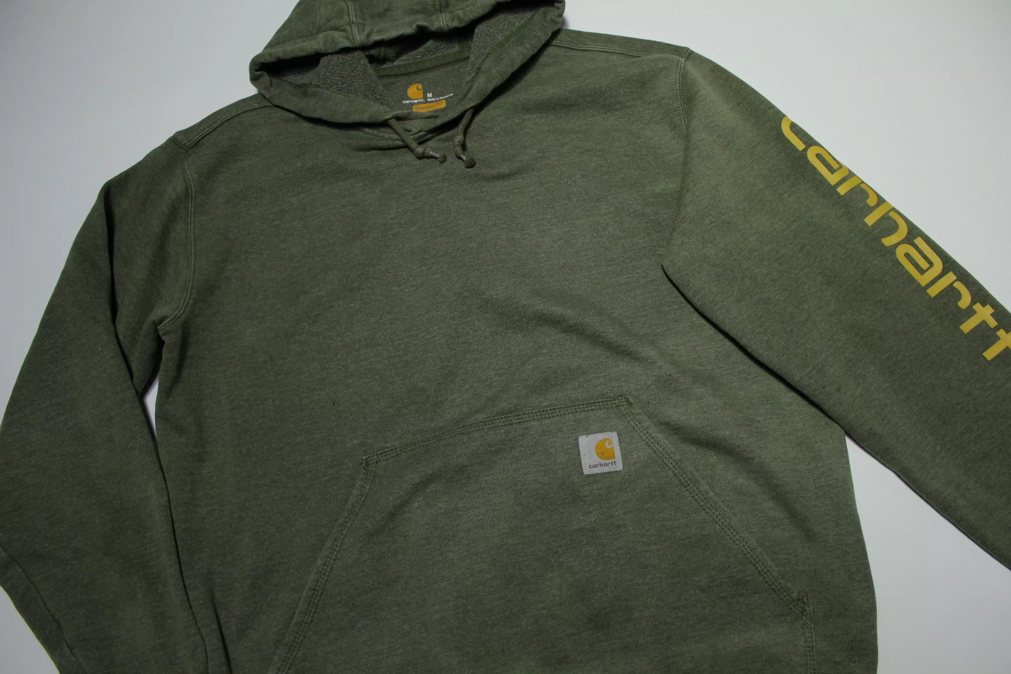 Carhartt K288 G39 Green Sleeve Spellout Pullover Construction Hoodie Sweatshirt