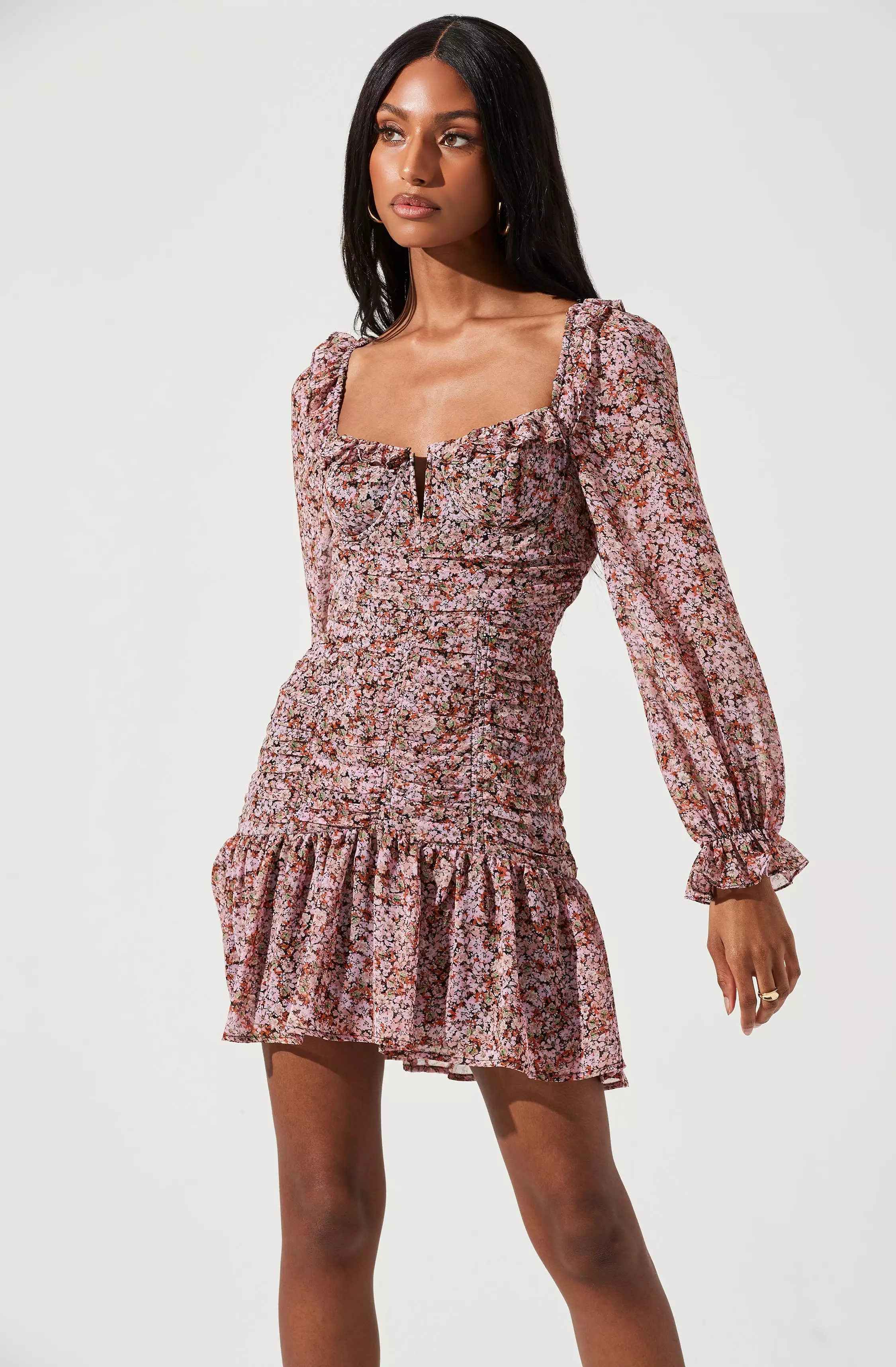 Carmella Sweetheart Ruched Long Sleeve Mini Dress