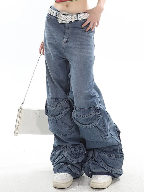 Casablanca Denim Blue Mid Waist Straight Leg Three-Dimensional Multi-Pocket Cargo Jeans Pants