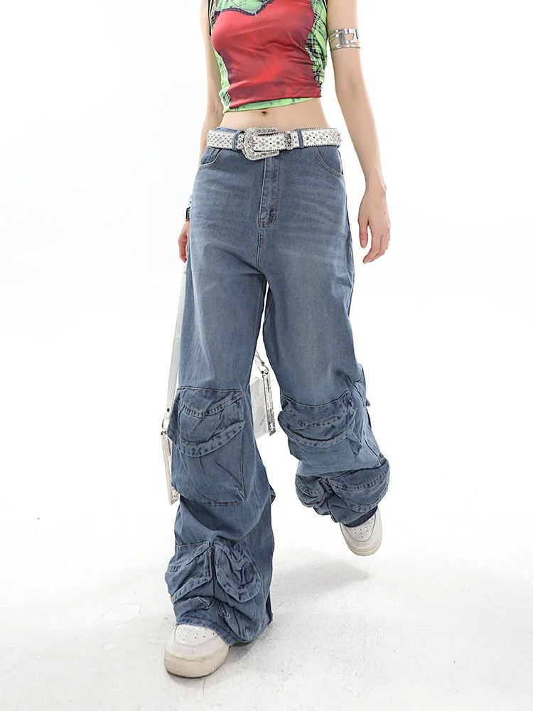 Casablanca Denim Blue Mid Waist Straight Leg Three-Dimensional Multi-Pocket Cargo Jeans Pants