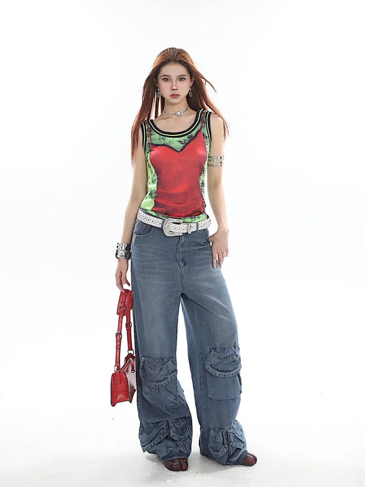 Casablanca Denim Blue Mid Waist Straight Leg Three-Dimensional Multi-Pocket Cargo Jeans Pants