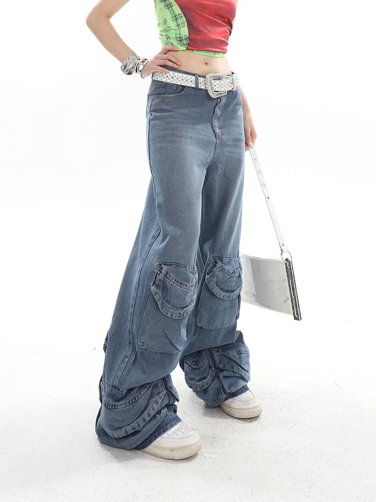 Casablanca Denim Blue Mid Waist Straight Leg Three-Dimensional Multi-Pocket Cargo Jeans Pants