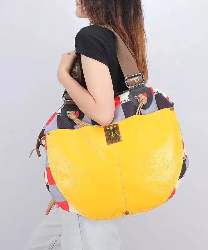 Casual High-Capacity Cowhide Patchwork Canvas Satchel Bag Handbag ZX1037