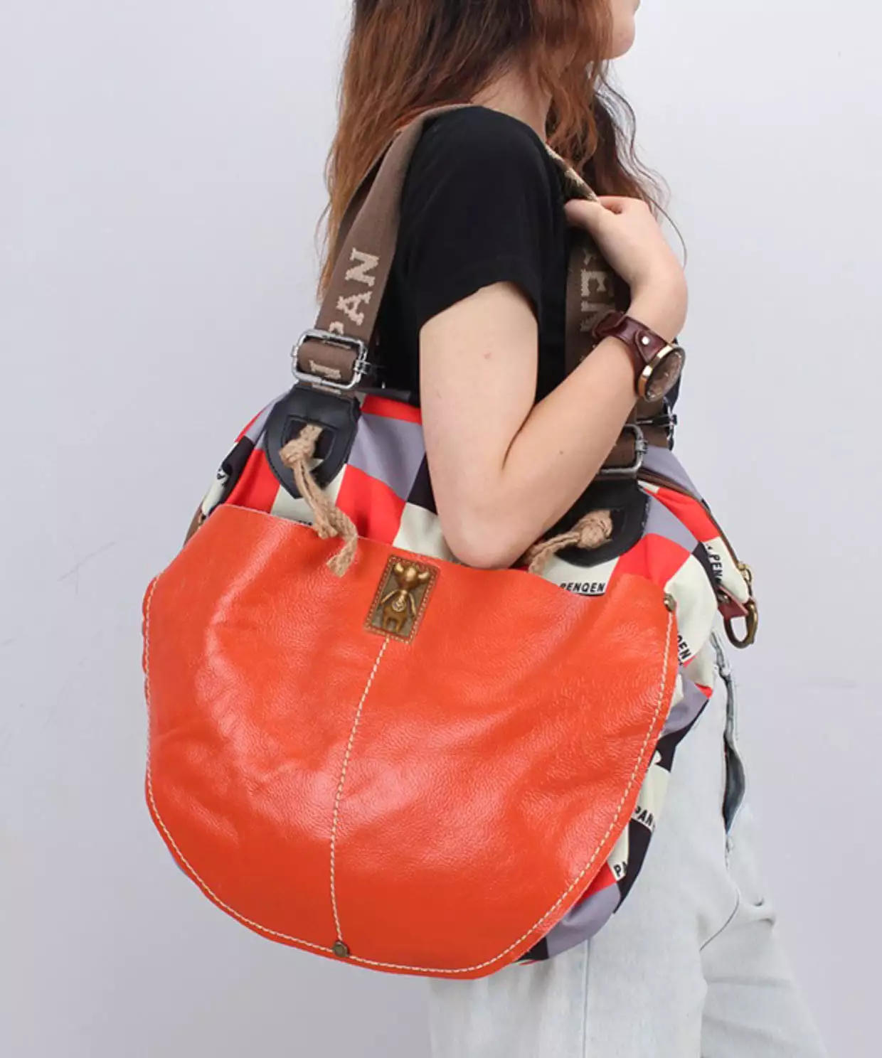 Casual High-Capacity Cowhide Patchwork Canvas Satchel Bag Handbag ZX1037