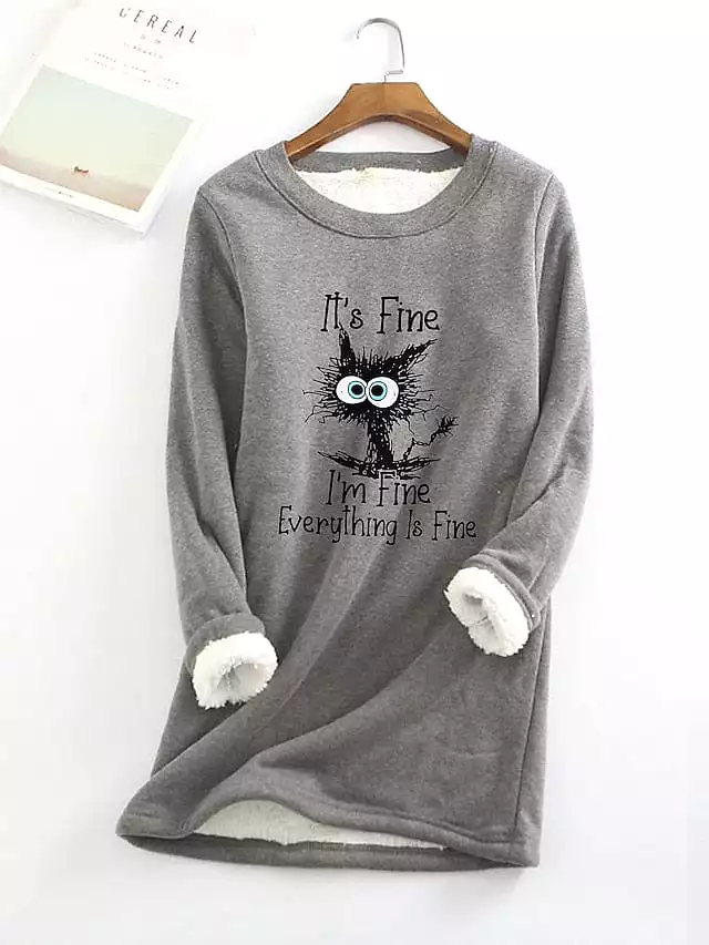 Cat Design Plus Size Fleece Lined Hoodie Sweatshirt