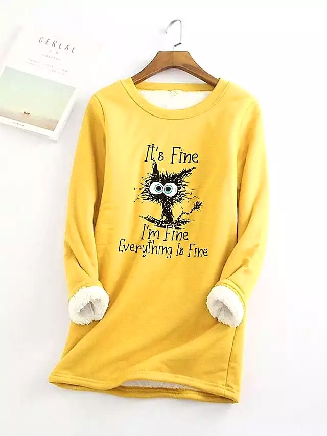 Cat Design Plus Size Fleece Lined Hoodie Sweatshirt