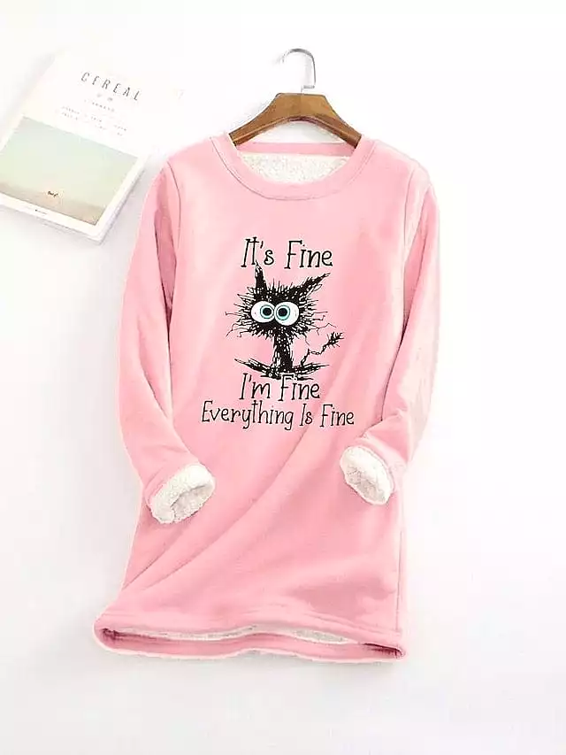 Cat Design Plus Size Fleece Lined Hoodie Sweatshirt