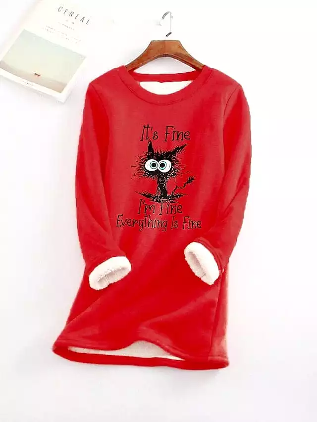 Cat Design Plus Size Fleece Lined Hoodie Sweatshirt