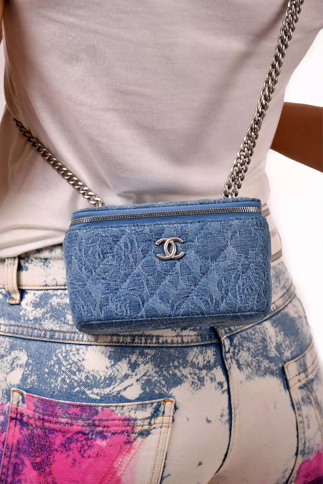 Chanel Blue Denim Quilted Camellia Case Chain Bag with Mirror