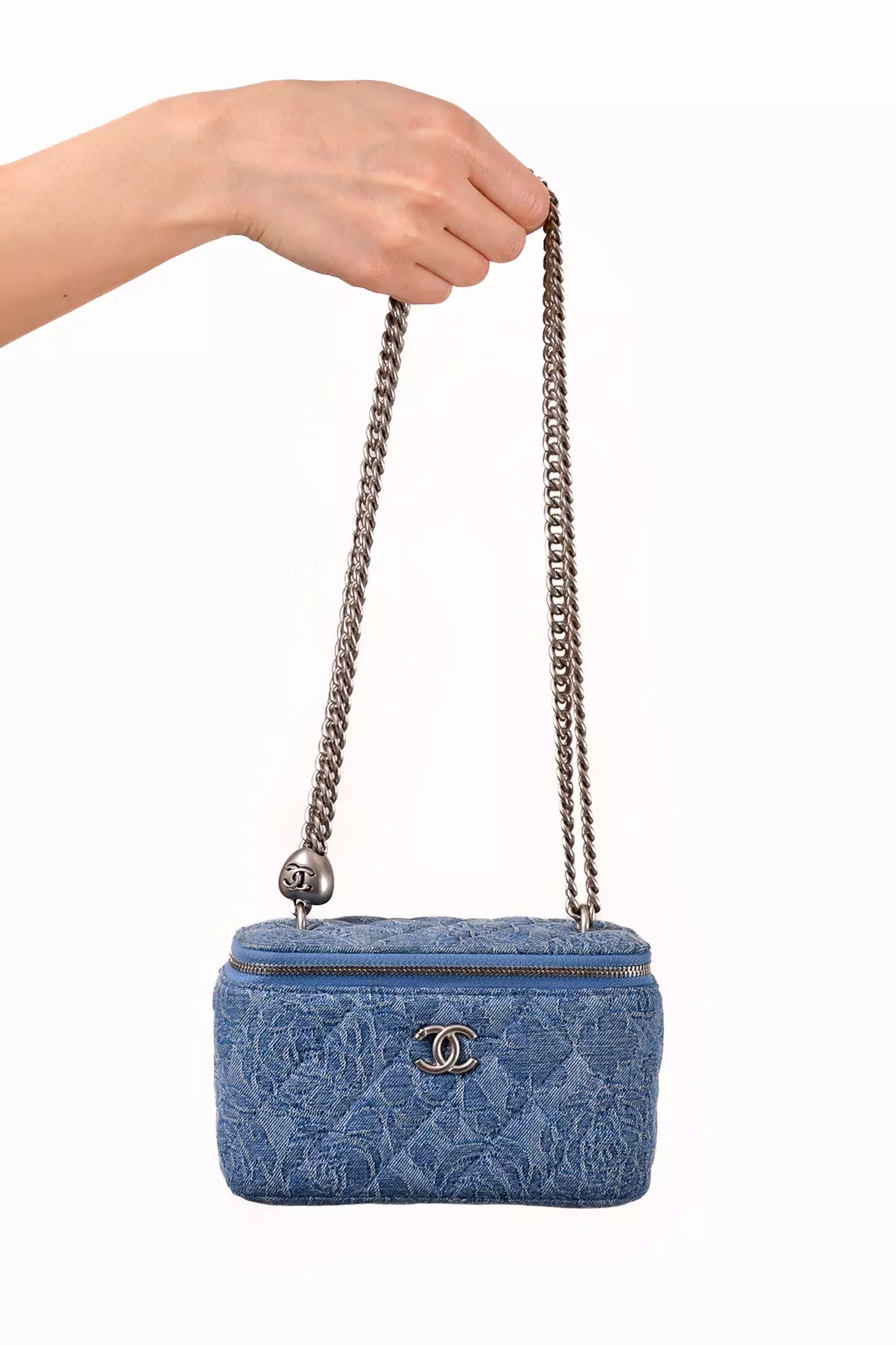 Chanel Blue Denim Quilted Camellia Case Chain Bag with Mirror