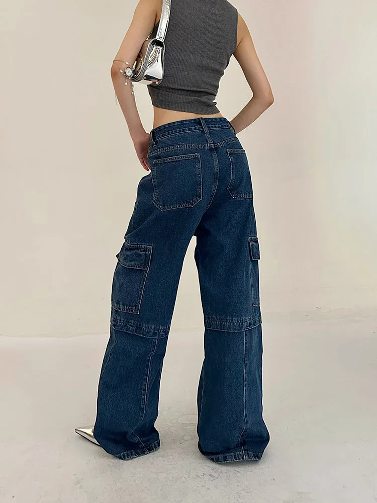 Cherie Denim High Waist Patchwork Multi-Pocket Straight Leg Cargo Jeans Pants