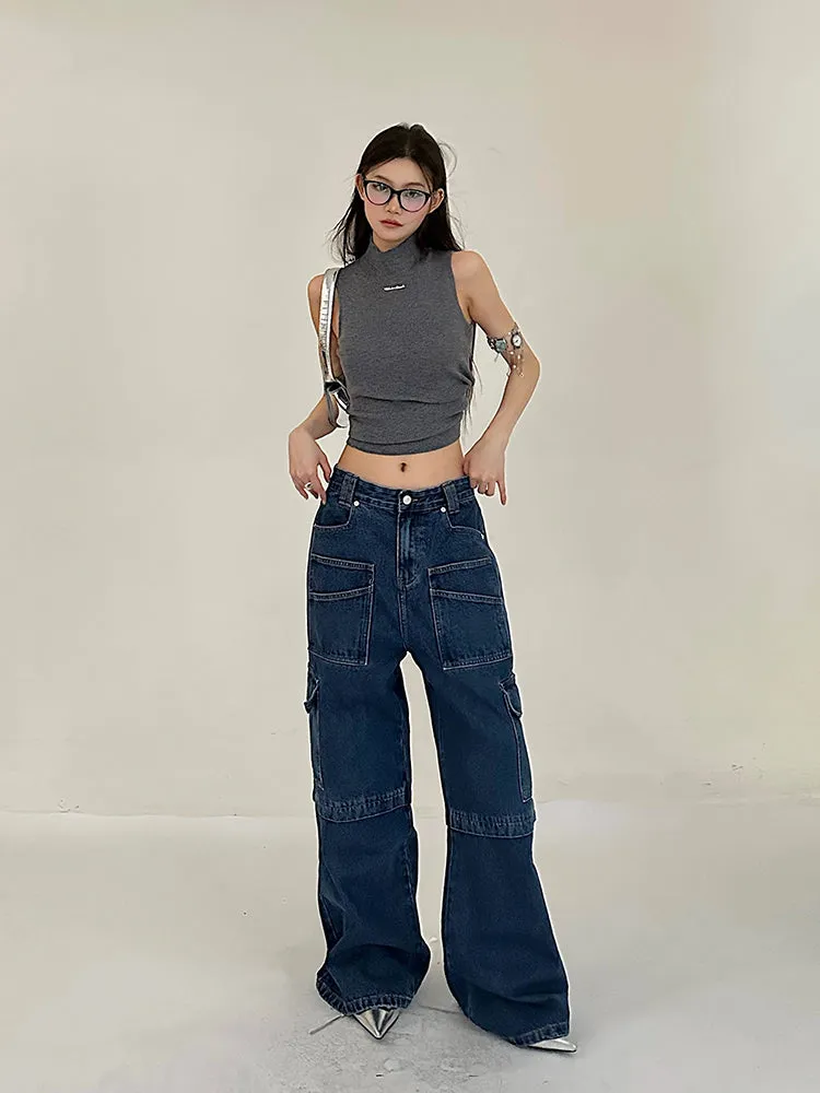 Cherie Denim High Waist Patchwork Multi-Pocket Straight Leg Cargo Jeans Pants