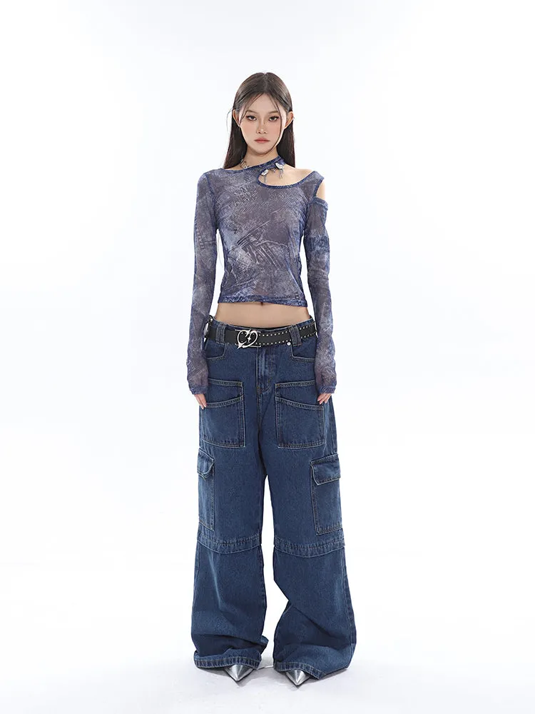 Cherie Denim High Waist Patchwork Multi-Pocket Straight Leg Cargo Jeans Pants