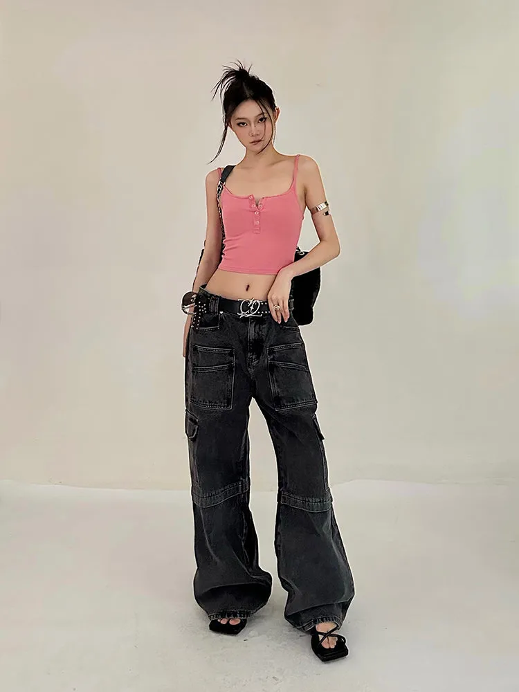 Cherie Denim High Waist Patchwork Multi-Pocket Straight Leg Cargo Jeans Pants