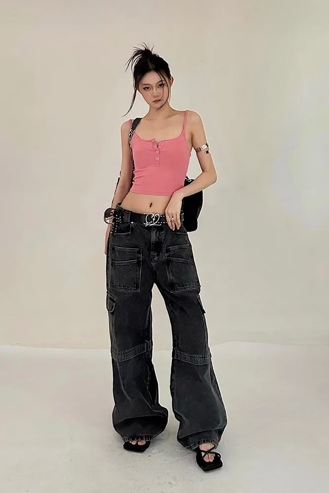 Cherie Denim High Waist Patchwork Multi-Pocket Straight Leg Cargo Jeans Pants