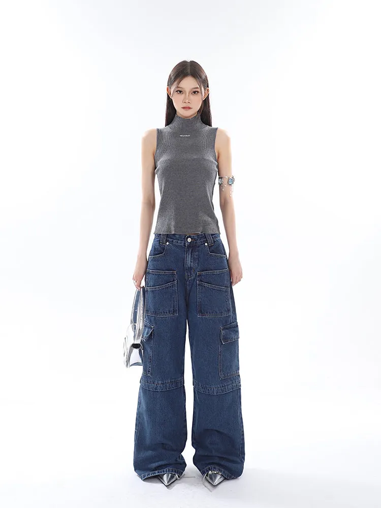 Cherie Denim High Waist Patchwork Multi-Pocket Straight Leg Cargo Jeans Pants