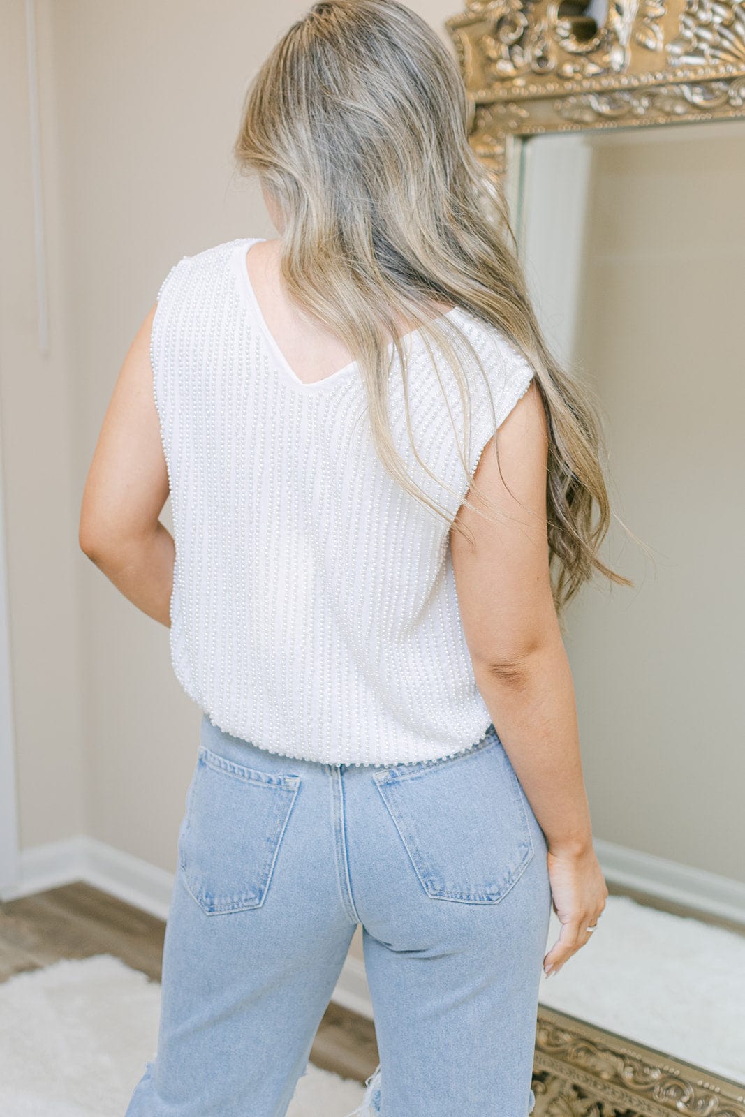 Ciebon White Beaded Pearl Sleeveless Top