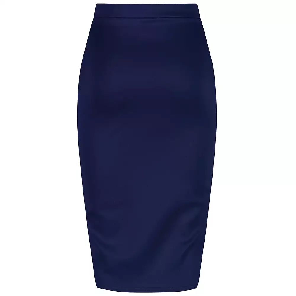 Classic Navy Stretch Pencil Bodycon Midi Office Work Skirt