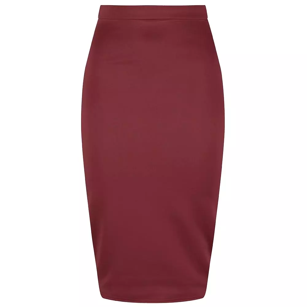 Classic Stretch Burgundy Wine Pencil Bodycon Midi Work Office Skirt