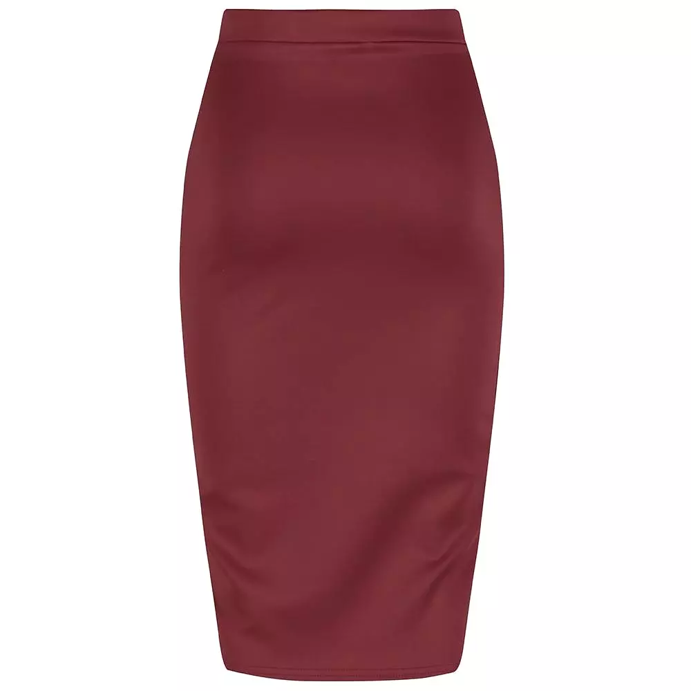 Classic Stretch Burgundy Wine Pencil Bodycon Midi Work Office Skirt