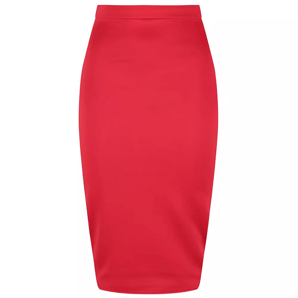 Classic Stretch Red Pencil Bodycon Midi Work Office Skirt