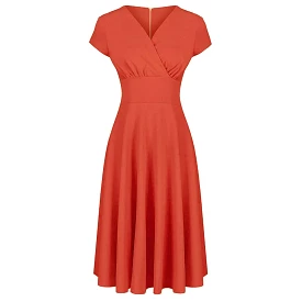 Coral Vintage A Line Crossover Capped Sleeve Tea Swing Dress