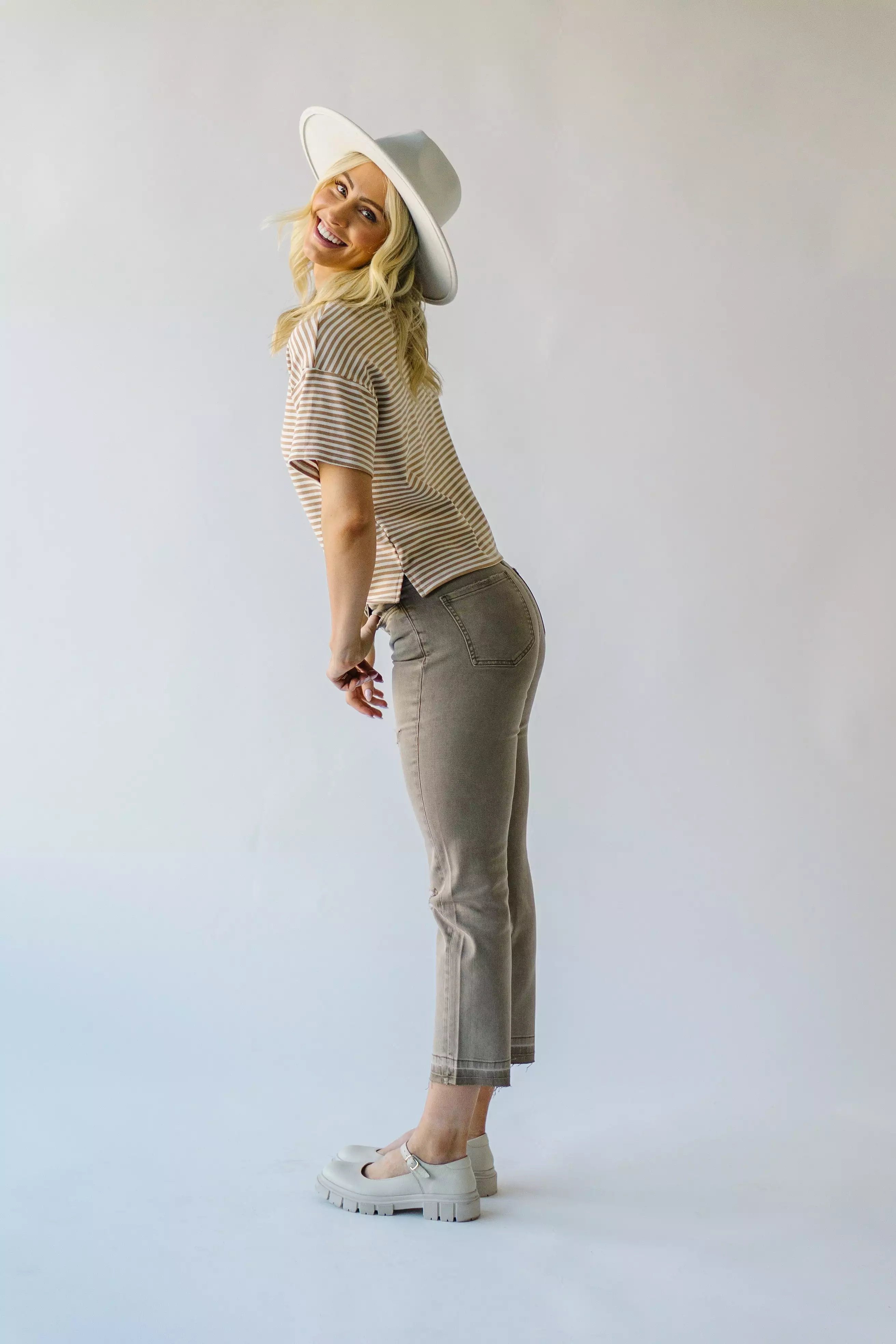 Denim: Augusta Super High Rise Straight Jean in Taupe