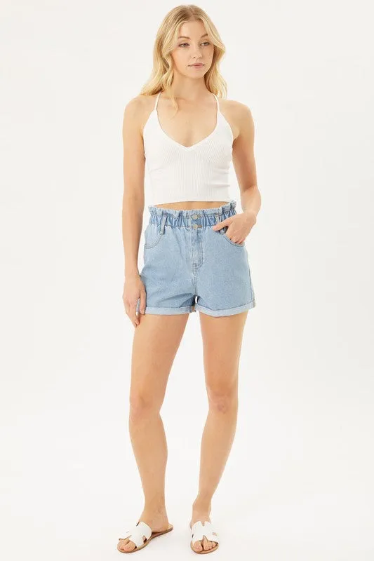 Double Buttoned Waistband Denim Shorts