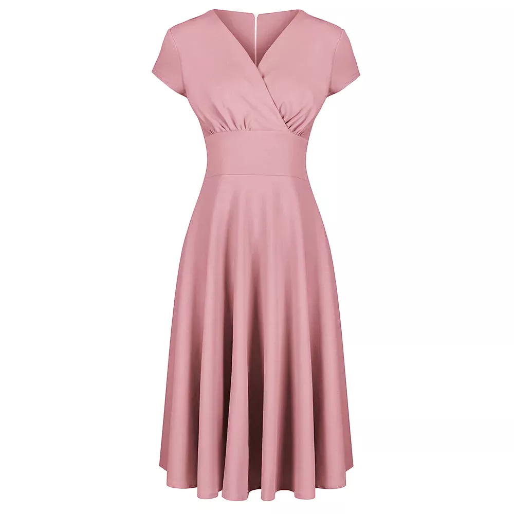 Dusky Pink Vintage A Line Crossover Capped Sleeve Tea Swing Dress