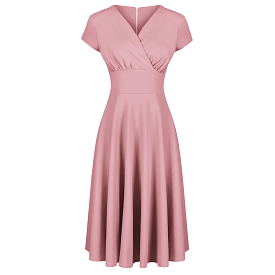 Dusky Pink Vintage A Line Crossover Capped Sleeve Tea Swing Dress