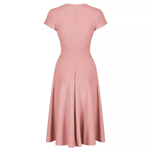 Dusky Pink Vintage A Line Crossover Capped Sleeve Tea Swing Dress