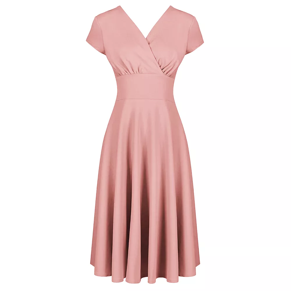 Dusky Pink Vintage A Line Crossover Capped Sleeve Tea Swing Dress