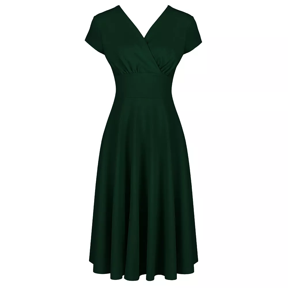 Forest Green A Line Vintage Crossover Capped Sleeve Tea Swing Dress