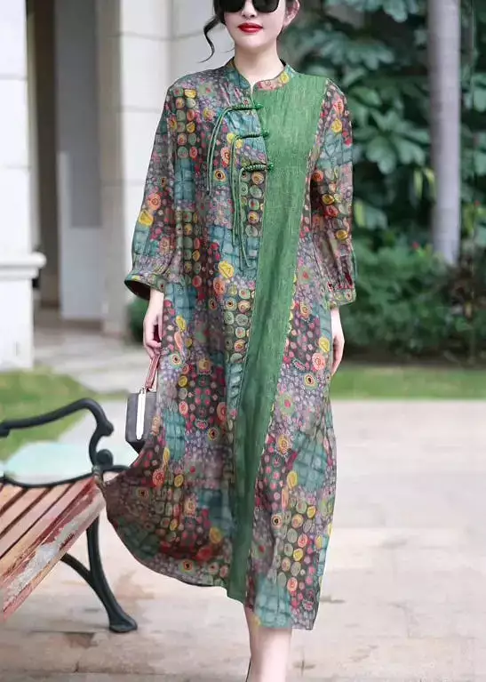 French Green Button Print Patchwork Silk Long Dress Spring CG1020