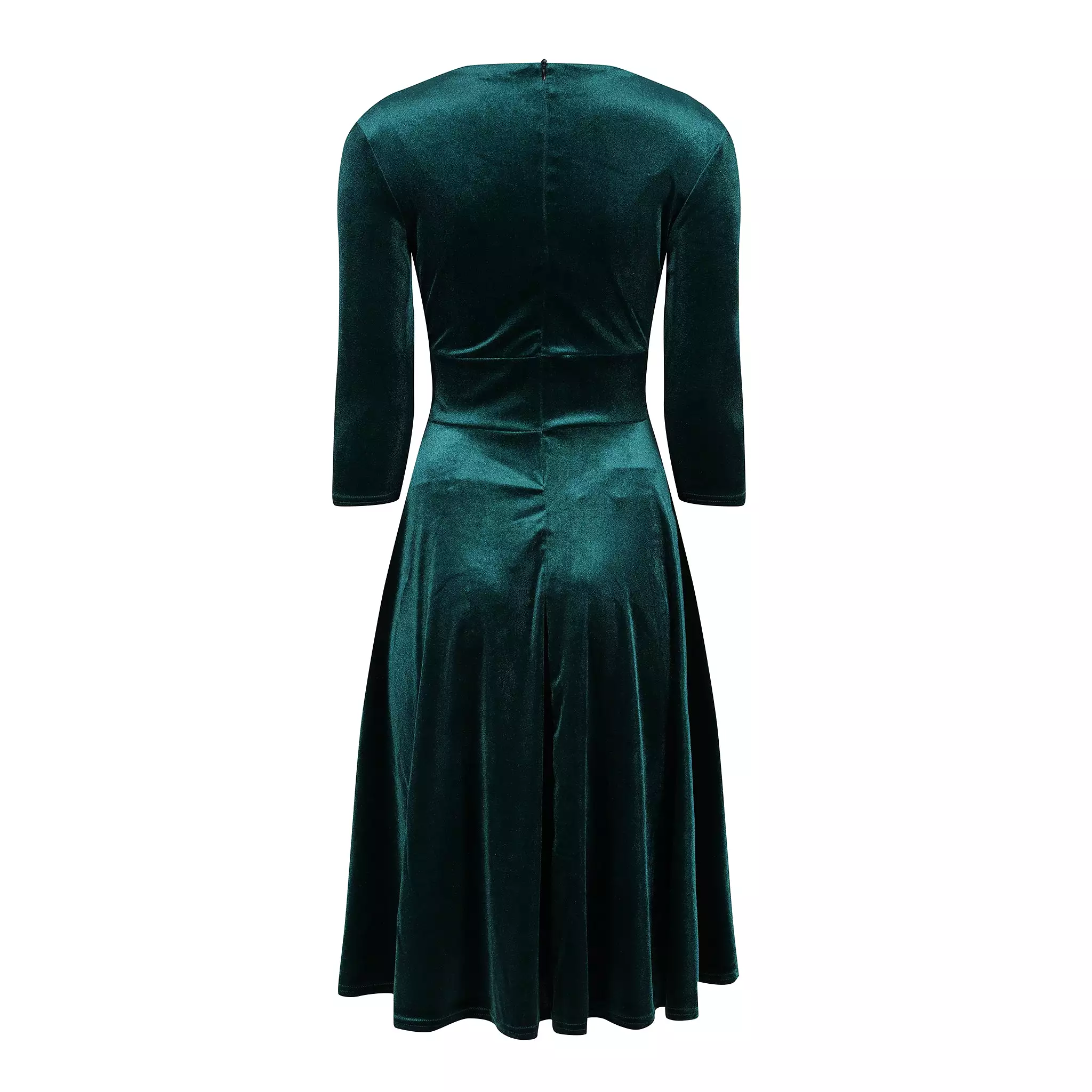 Green Velour Vintage A Line Crossover 3/4 Sleeve Tea Swing Dress