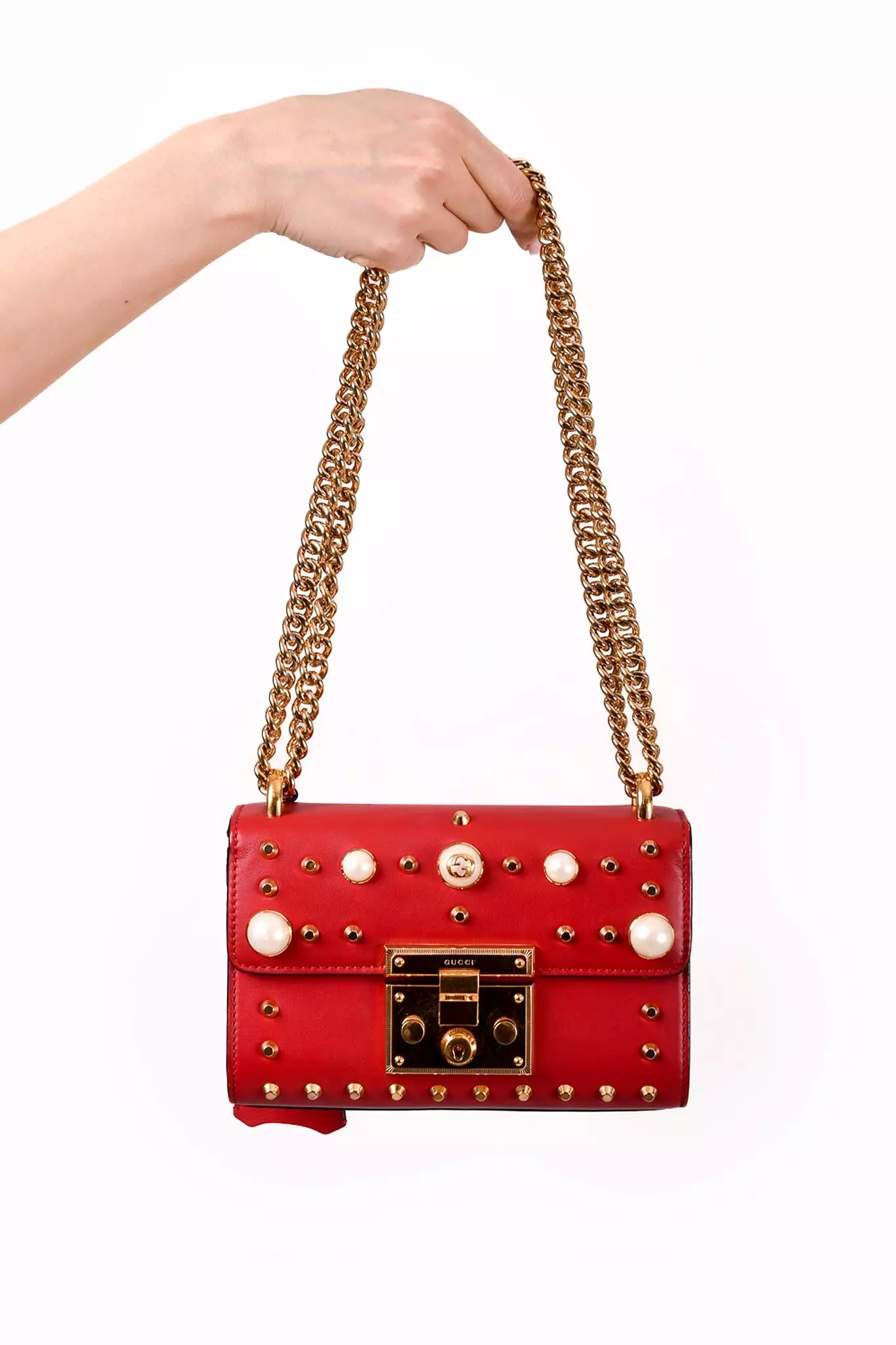 Gucci Red Leather Small Pearly Padlock Chain Bag