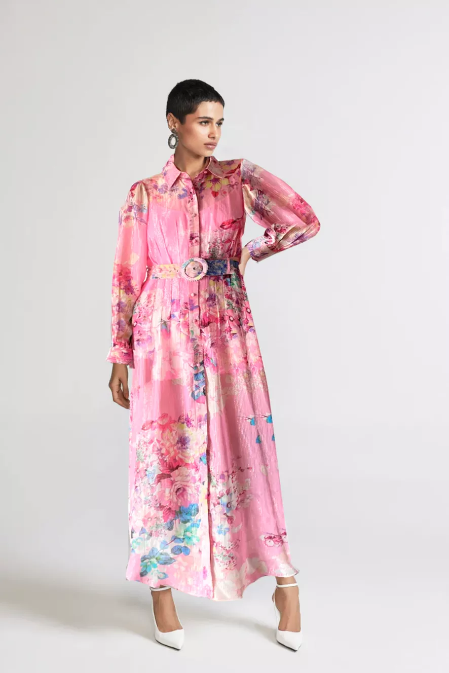 Hemant and Nandita - April Long Shirt Dress - Pink Floral